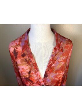 Free People Sheer Floral Button-Up Long Sleeve Top Red & Pink Size L